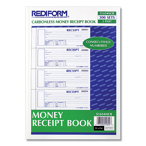 Rediform Durable Hardcover Numbered Money Receipt Book, Two-Part Carbonless, 6.88 x 2.75, 4 Forms/Sheet, 300 Forms Total (S1654NCR)