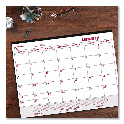 Brownline Monthly Desk Pad Calendar, 22 x 17, White/Burgundy Sheets, Black Binding, Clear Corners, 12-Month (Jan to Dec): 2026 (C1731V)