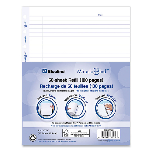 Blueline MiracleBind Ruled Paper Refill Sheets for all MiracleBind Notebooks and Planners, 9.25 x 7.25, White/Blue Sheets, Undated (AFR9050R)