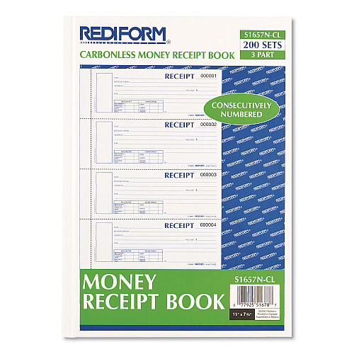 Rediform Durable Hardcover Numbered Money Receipt Book, Three-Part Carbonless, 6.88 x 2.75, 4 Forms/Sheet, 200 Forms Total (S1657NCL)