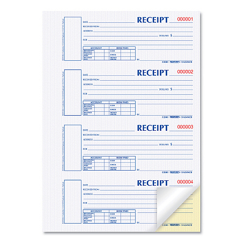 Rediform Durable Hardcover Numbered Money Receipt Book, Two-Part Carbonless, 6.88 x 2.75, 4 Forms/Sheet, 300 Forms Total (S1654NCR)