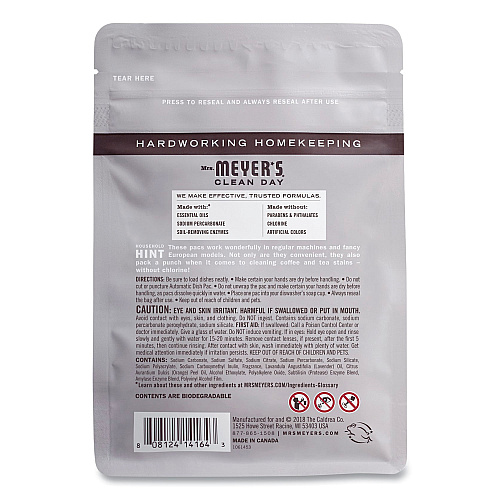 Mrs. Meyer's Automatic Dish Detergent, Lavender, 12.7 oz Pack, 20/Pack, 6 Packs/Carton (306685)