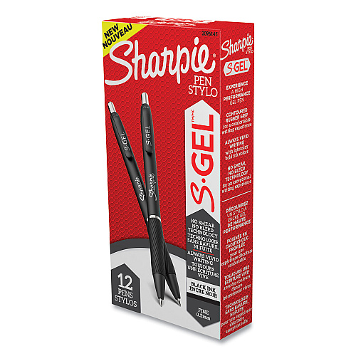 Sharpie S-Gel High-Performance Gel Pen, Retractable, Fine 0.5 mm, Black Ink, Black Barrel, Dozen (2096145)