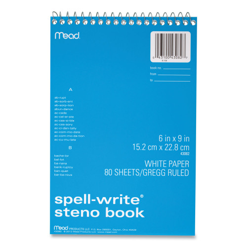 Mead SpellWrite Wirebound Steno Pad, Gregg Rule, Randomly Assorted Cover Colors, 80 White 6 x 9