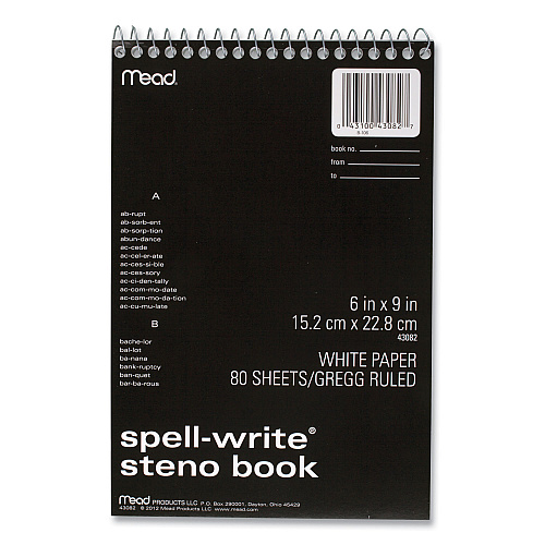Mead Spell-Write Wirebound Steno Pad, Gregg Rule, Randomly Assorted Cover Colors, 80 White 6 x 9 Sheets (43082)