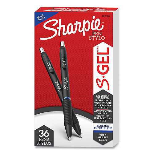 Sharpie S-Gel High-Performance Gel Pen, Retractable, Bold 1 mm, Blue Ink, Black Barrel, 36/Pack (2096127)