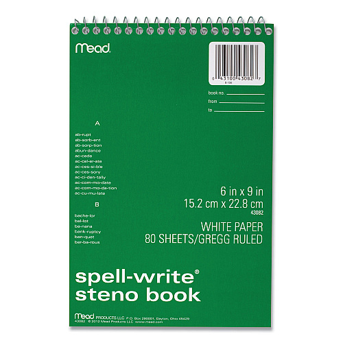 Mead Spell-Write Wirebound Steno Pad, Gregg Rule, Randomly Assorted Cover Colors, 80 White 6 x 9 Sheets (43082)