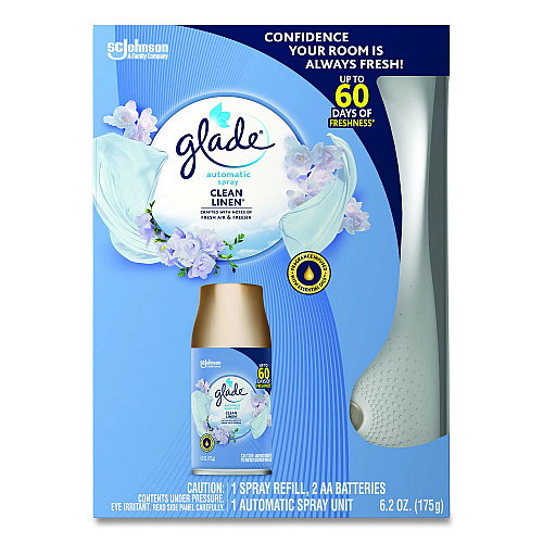 Glade Automatic Spray Starter Kit, Spray Unit and Refill, White/Gold, Clean Linen, 4/Carton (306038)
