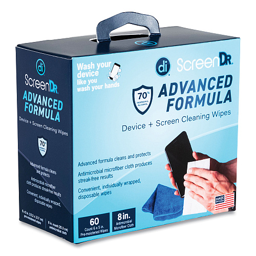 Digital Innovations ScreenDr Device and Screen Cleaning Wipes, Includes 60 Individually Wrapped Wipes and 8" Microfiber Cloth, 6 x 5, White (32347)
