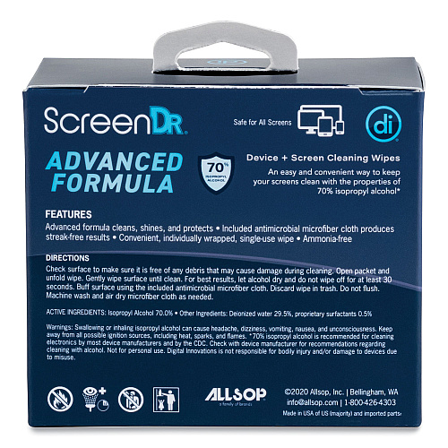 Digital Innovations ScreenDr Device and Screen Cleaning Wipes, Includes 60 Individually Wrapped Wipes and 8" Microfiber Cloth, 6 x 5, White (32347)