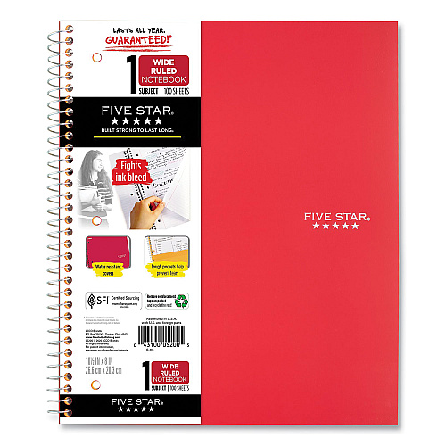 Five Star Wirebound Notebook, 1-Subject, Wide/Legal Rule, Randomly Assorted Cover Color, (100) 10.5 x 8 Sheets (523807635)