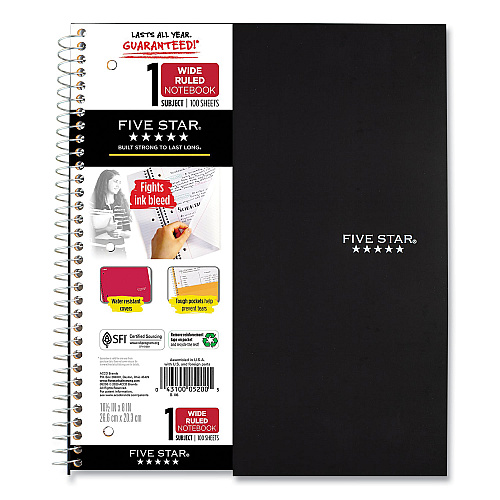 Five Star Wirebound Notebook, 1-Subject, Wide/Legal Rule, Randomly Assorted Cover Color, (100) 10.5 x 8 Sheets (523807635)