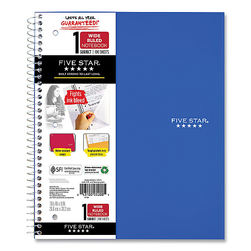Five Star Wirebound Notebook, 1-Subject, Wide/Legal Rule, Randomly Assorted Cover Color, (100) 10.5 x 8 Sheets (523807635)