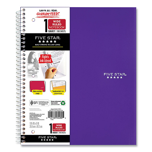Five Star Wirebound Notebook, 1-Subject, Wide/Legal Rule, Randomly Assorted Cover Color, (100) 10.5 x 8 Sheets (523807635)
