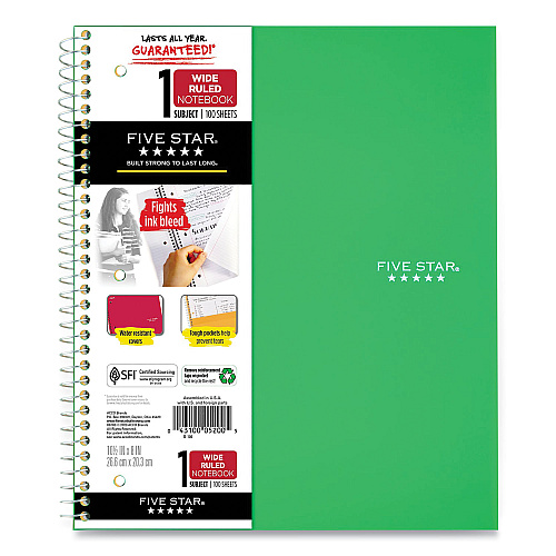 Five Star Wirebound Notebook, 1-Subject, Wide/Legal Rule, Randomly Assorted Cover Color, (100) 10.5 x 8 Sheets (523807635)