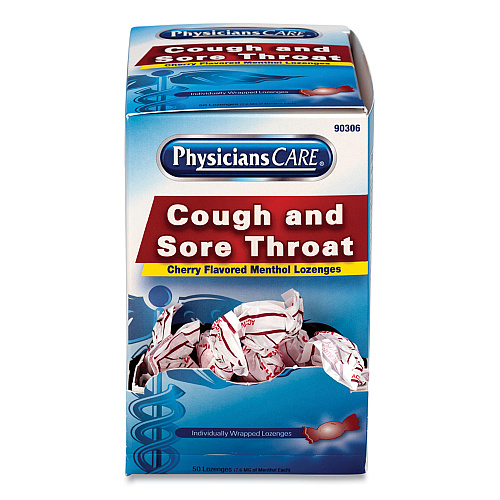 PhysiciansCare Cough and Sore Throat, Cherry Menthol Lozenges, Individually Wrapped, 50/Box (90306)