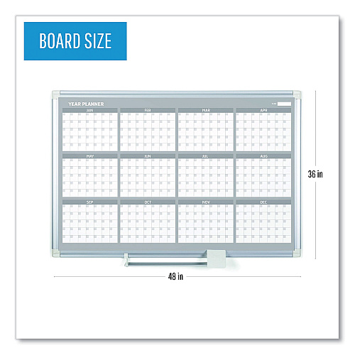 MasterVision Magnetic Dry Erase Calendar Board, 12-Month, 48 x 36, White Surface, Silver Aluminum Frame (GA05106830)