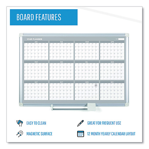 MasterVision Magnetic Dry Erase Calendar Board, 12-Month, 48 x 36, White Surface, Silver Aluminum Frame (GA05106830)