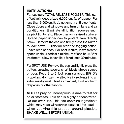 Big-D Odor Control Fogger, Mountain Air Scent, 5 oz Aerosol Spray, 12/Carton (344)