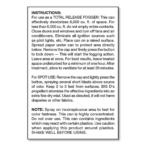 Big-D Odor Control Fogger, Original Scent, 5 oz Aerosol Spray, 12/Carton (341)