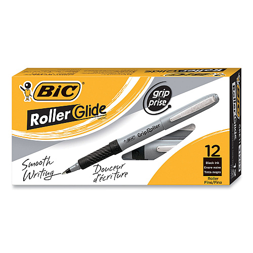 BIC Roller Glide Roller Ball Pen, Fine 0.7mm, Black Ink, Gray Barrel, Dozen (GRE11BK)