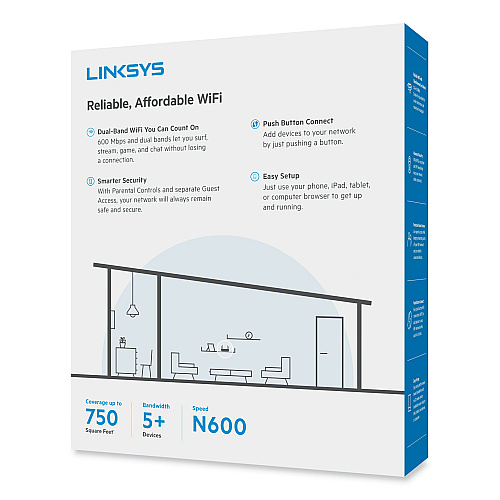 Linksys N600 Wireless Router, 5 Ports, Dual-Band 2.4 GHz/5 GHz (E25004B)