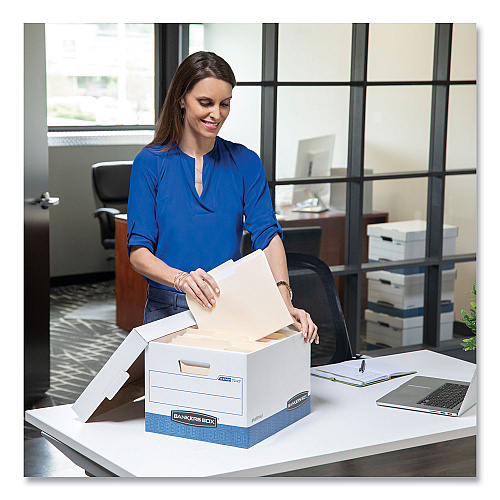 Bankers Box PRESTO Heavy-Duty Storage Boxes, Legal Files, 16" x 10.38", White/Blue, 12/Carton (0063201)