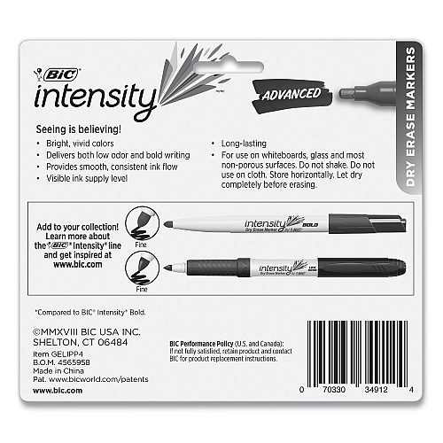 BIC Intensity Advanced Dry Erase Marker, Medium Bullet Tip, Assorted Colors, 4/Pack (GELIPP41AST)