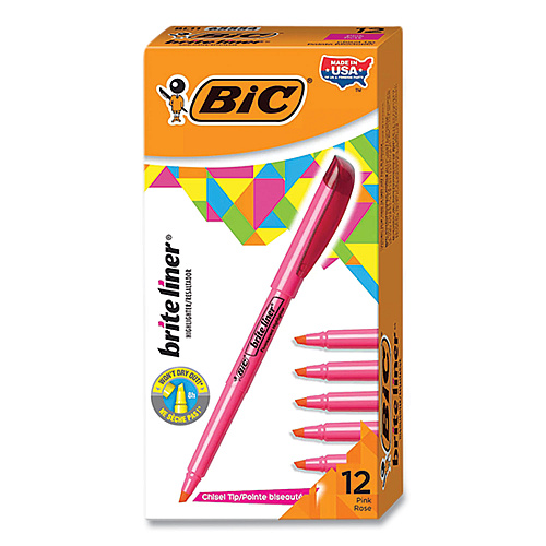 BIC Brite Liner Highlighter, Fluorescent Pink Ink, Chisel Tip, Pink/Black Barrel, Dozen (BL11PK)