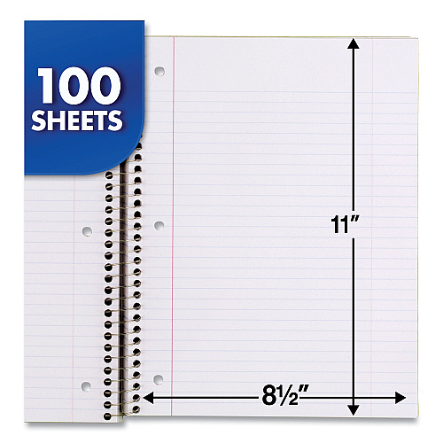 Mead Spiral Notebook, 3-Hole Punched, 1-Subject, Medium/College Rule, Randomly Assorted Cover Color, (100) 11 x 8 Sheets (06622)