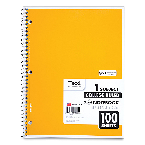 Mead Spiral Notebook, 3-Hole Punched, 1-Subject, Medium/College Rule, Randomly Assorted Cover Color, (100) 11 x 8 Sheets (06622)