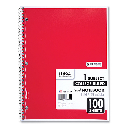 Mead Spiral Notebook, 3-Hole Punched, 1-Subject, Medium/College Rule, Randomly Assorted Cover Color, (100) 11 x 8 Sheets (06622)