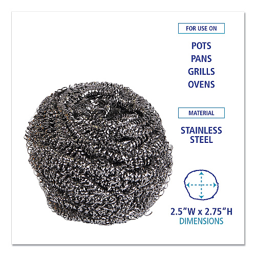 Boardwalk&reg; Stainless Steel Scrubber, Steel Gray, 12 Scrubbers (BWK50)