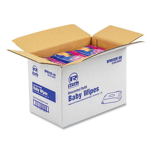 AmerCareRoyal Baby Wipes Refill Pack, 8 x 7, Unscented, White, 80/Pack, 12 Packs/Carton (RPBWUR80)
