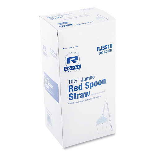 AmerCareRoyal Jumbo Spoon Straw, 10.25", Plastic, Red, 300/Pack, 18 Packs/Carton (RJSS10)