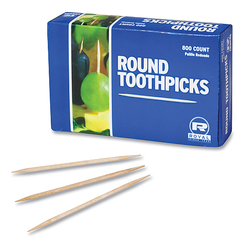 AmerCareRoyal Round Wood Toothpicks, 2.5", Natural, 800/Box, 24 Boxes/Case, 5 Cases/Carton, 96,000 Toothpicks/Carton (R820)