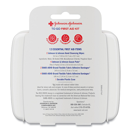 Johnson & Johnson Mini First Aid To Go Kit, 12 Pieces, Plastic Case (8295)