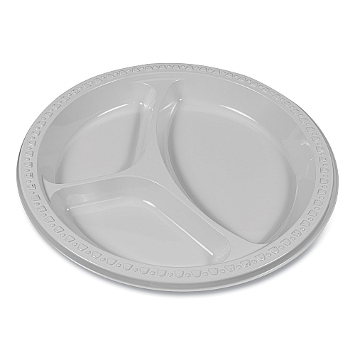 Tablemate Plastic Dinnerware, 3-Compartment Plates, 9" dia, White, 125/Pack (19644WH)