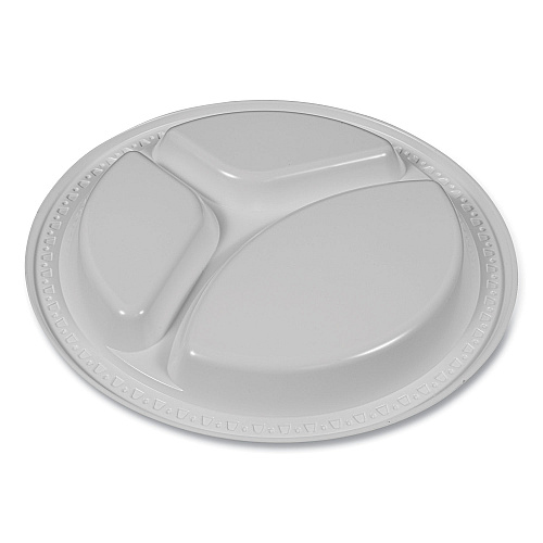 Tablemate Plastic Dinnerware, 3-Compartment Plates, 9" dia, White, 125/Pack (19644WH)