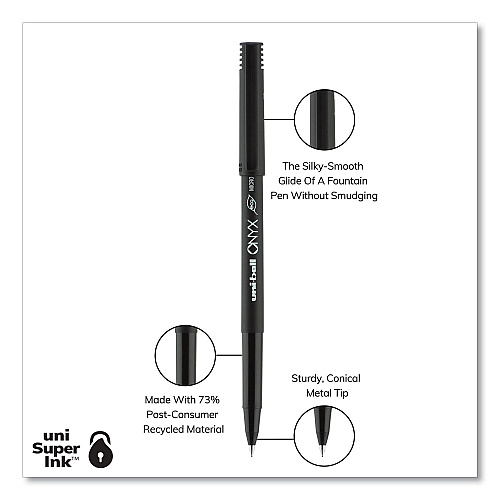 uni-ball ONYX Roller Ball Pen, Stick, Extra-Fine 0.5 mm, Black Ink, Black Barrel, Dozen (60040)
