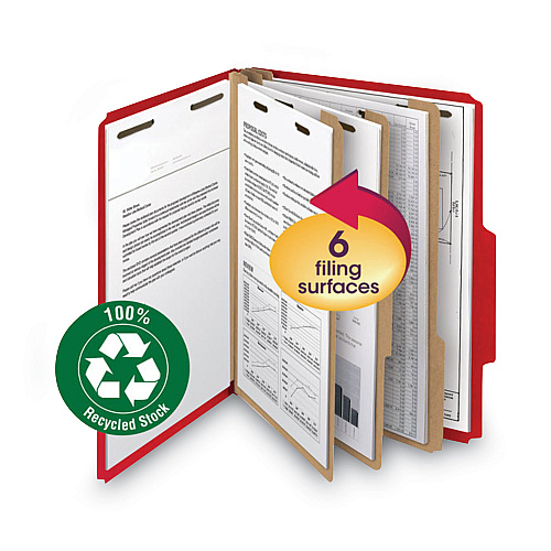 Smead Recycled Pressboard Classification Folders, 2" Expansion, 2 Dividers, 6 Fasteners, Letter Size, Bright Red, 10/Box (14061)