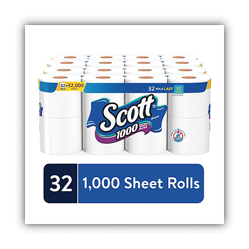 Scott 1000 Bathroom Tissue, Septic Safe, 1-Ply, White, 1,000 Sheets/Roll, 32 Rolls/Carton (49209)