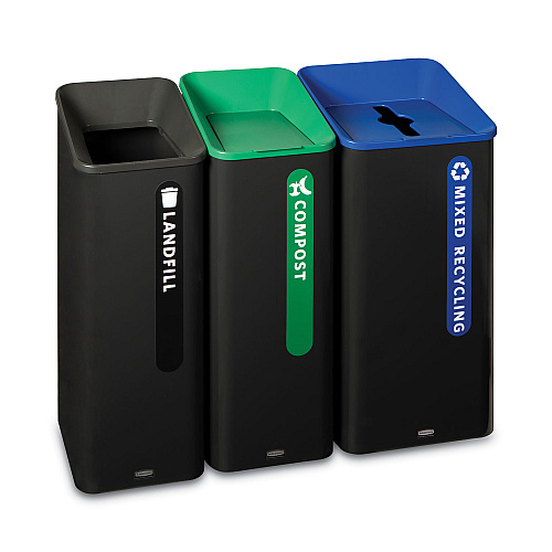 Rubbermaid Commercial Sustain Decorative Refuse with Recycling Lid, 23 gal, Metal/Plastic, Black/Blue (2078980)
