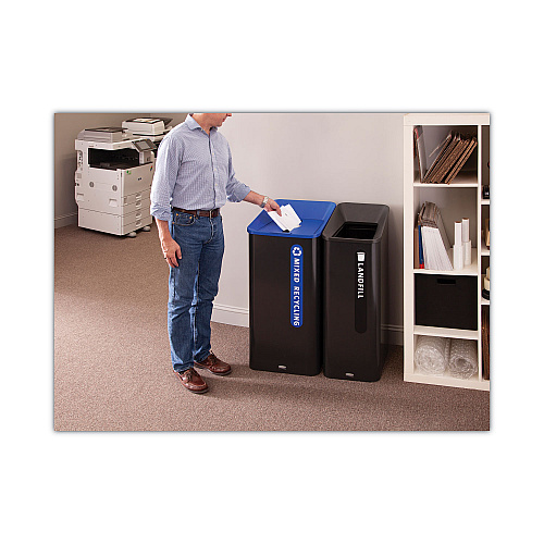 Rubbermaid Commercial Sustain Decorative Refuse with Recycling Lid, 23 gal, Metal/Plastic, Black/Blue (2078980)