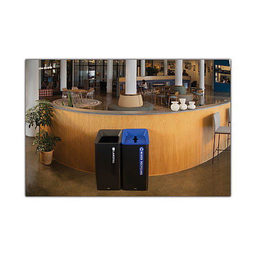 Rubbermaid Commercial Sustain Decorative Refuse with Recycling Lid, 23 gal, Metal/Plastic, Black/Blue (2078980)