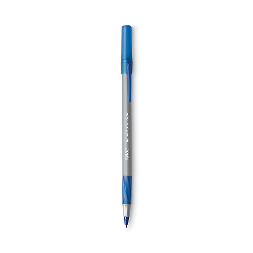 BIC Round Stic Grip Xtra Comfort Ballpoint Pen, Stick, Fine 0.8 mm, Blue Ink, Gray/Blue Barrel, Dozen (GSFG11BE)