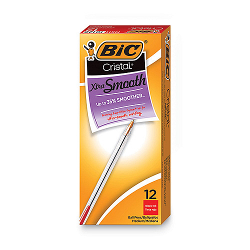 BIC Cristal Xtra Smooth Ballpoint Pen, Stick, Medium 1 mm, Red Ink, Clear Barrel, Dozen (MS11RD)