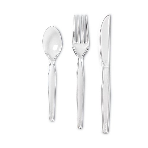 Dixie Cutlery Keeper Tray with Clear Plastic Utensils: 600 Forks, 600 Knives, 600 Spoons (CH0180DX7CT)