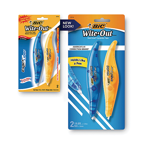 BIC Wite-Out Brand Exact Liner Correction Tape, Non-Refillable, 0.2" x 19.67 ft, White Tape, Assorted Dispenser Colors, 2/Pack (WOELP21)