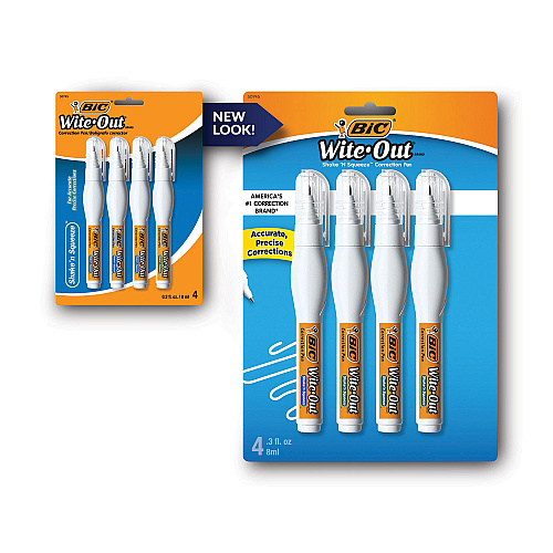 BIC Wite-Out Shake 'n Squeeze Correction Pen, Needle Tip, 0.27 oz, White, 4/Pack (WOSQPP418)
